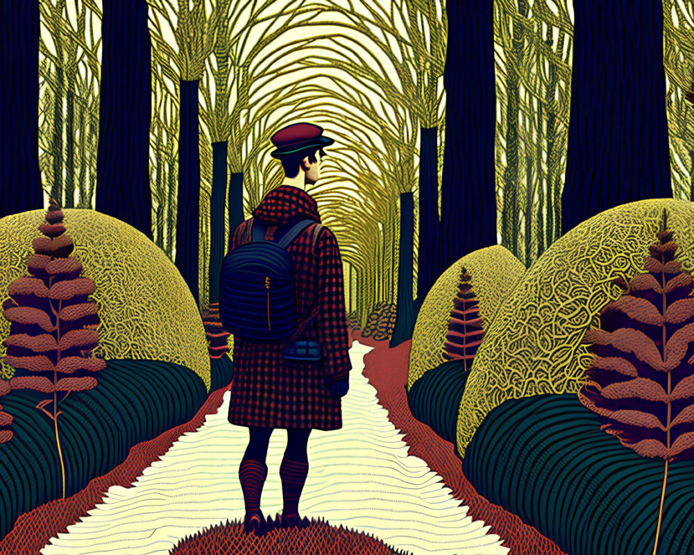 Plaid-wearing person in beret on forest path with stylized trees