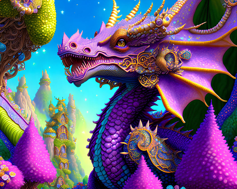 Detailed Purple Dragon Artwork in Vibrant, Colorful Fantasy Landscape