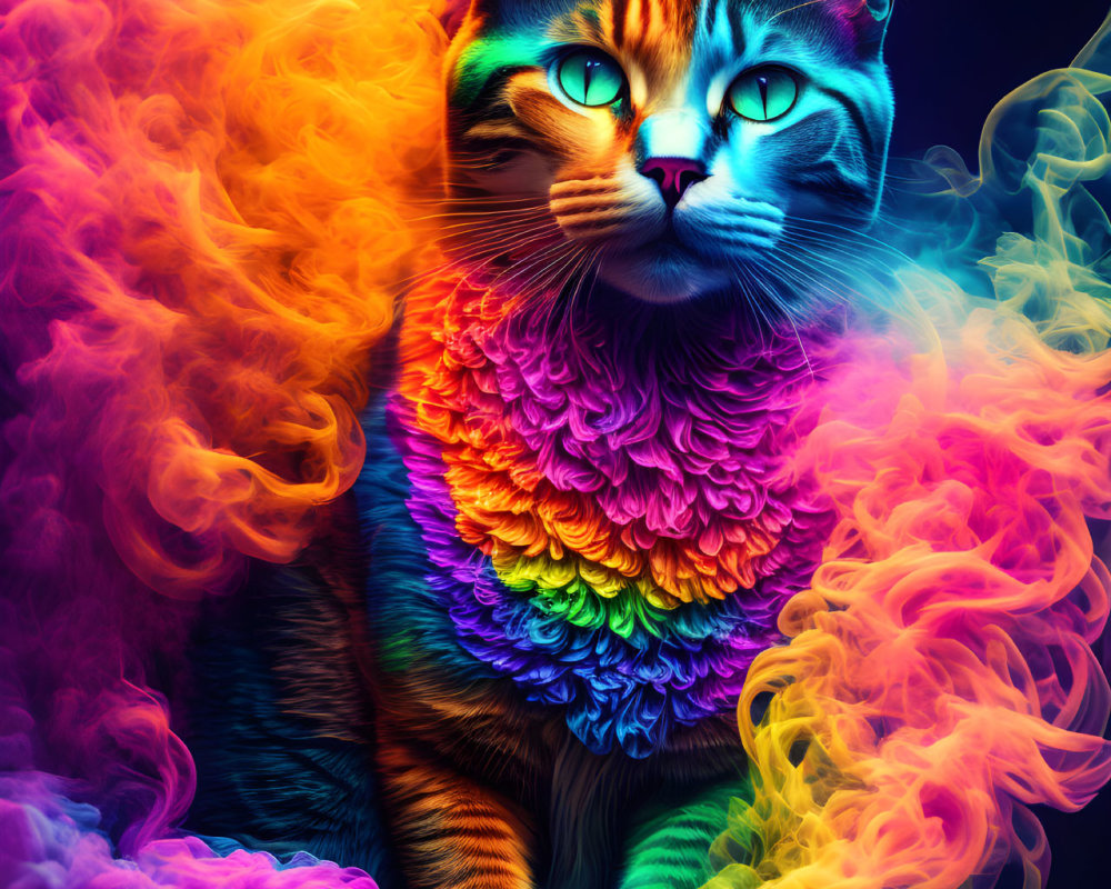 Colorful Cat Artwork: Multicolored Fur Texture in Neon Smoke