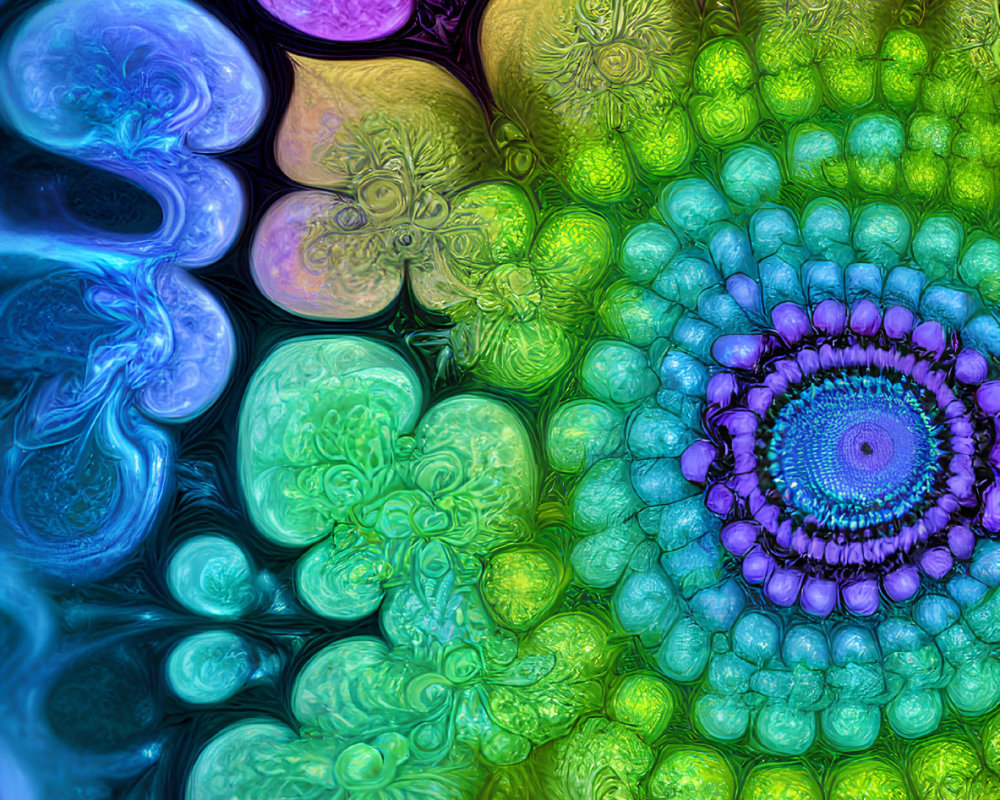 Colorful fractal image with spiral pattern in purple, green, and blue tones showcasing intricate floral motifs