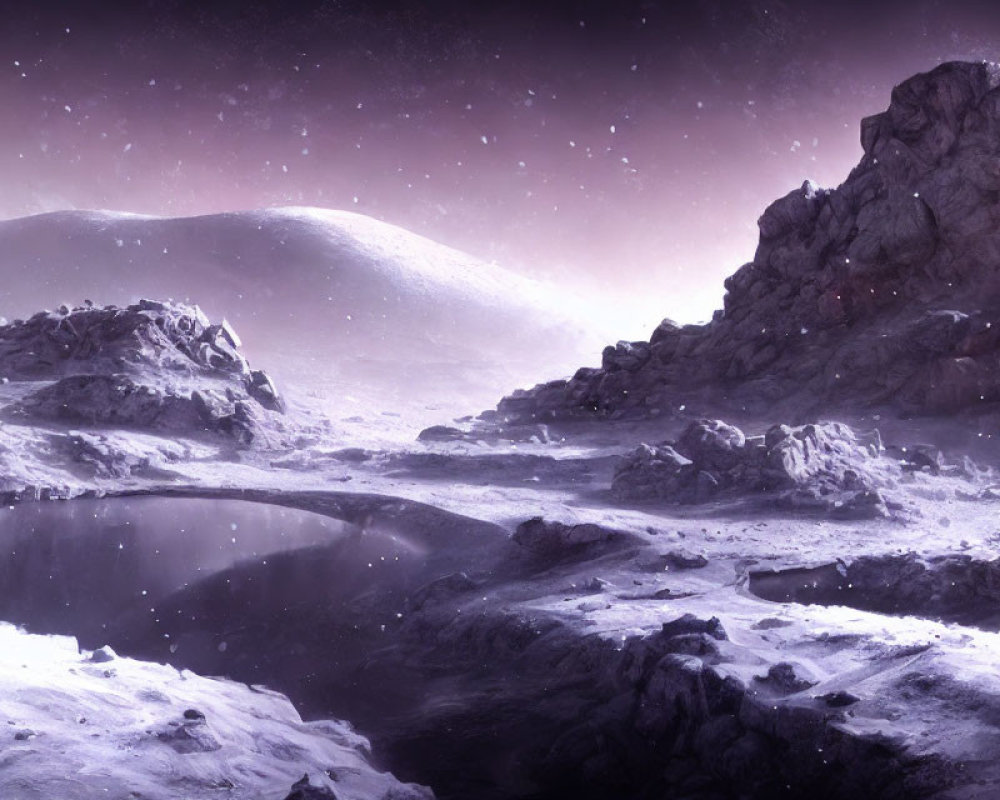 Snow-covered terrain and starry sky landscape with tranquil water pool