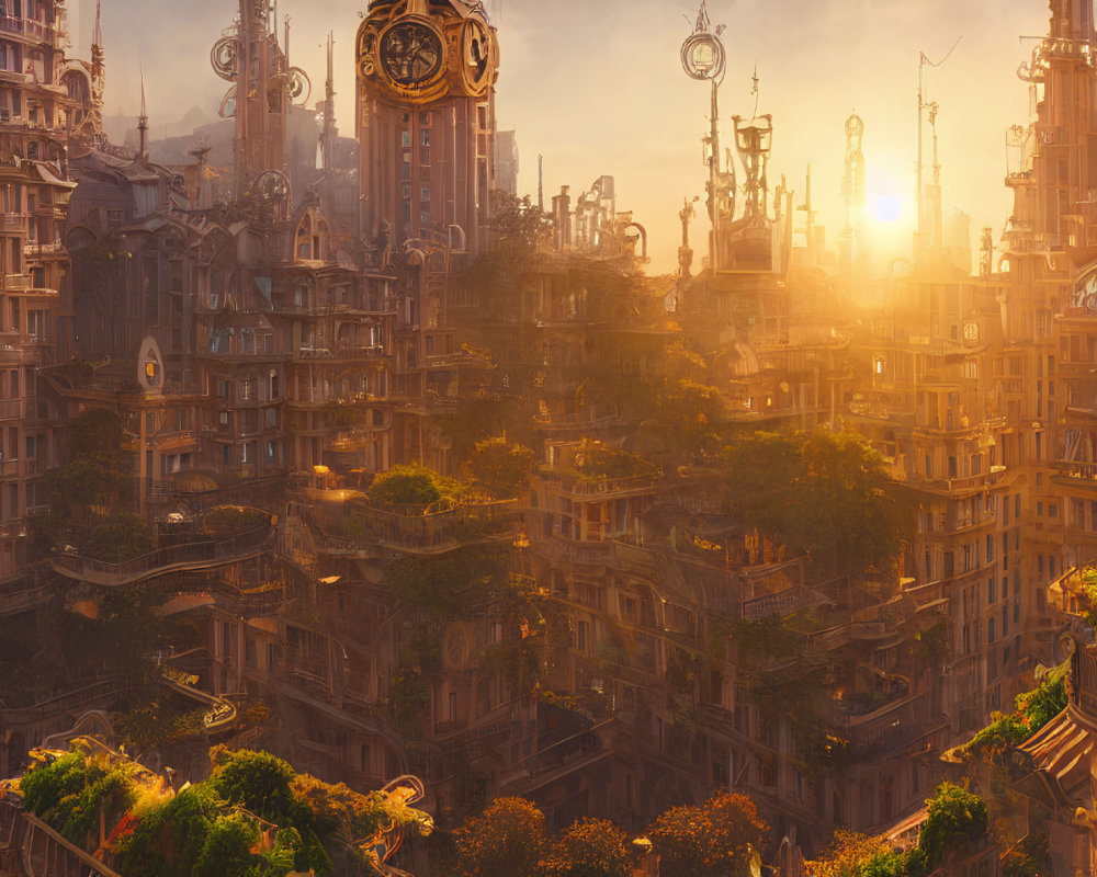 Sunset view of futuristic city with clock-adorned high-rises, greenery, and golden