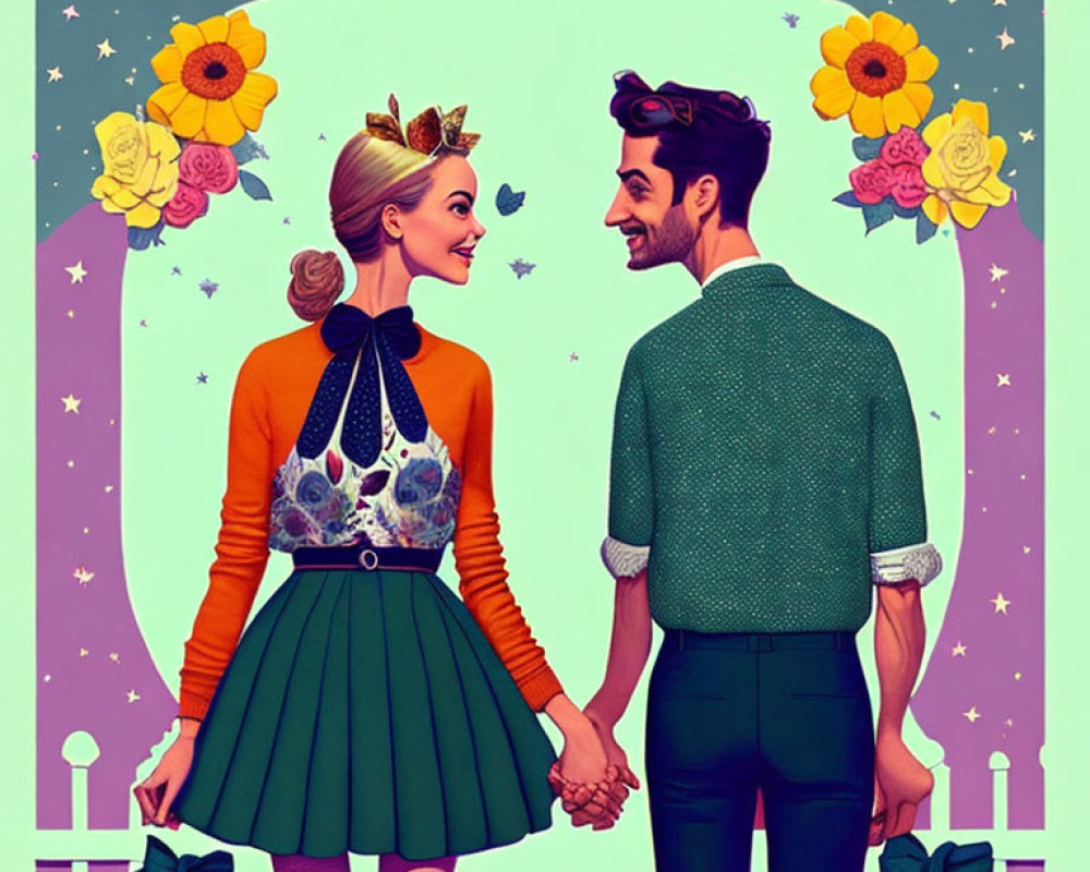 Whimsical vintage-style illustration of happy couple holding hands