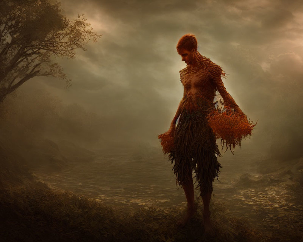 Ethereal figure in autumn leaves in misty forest