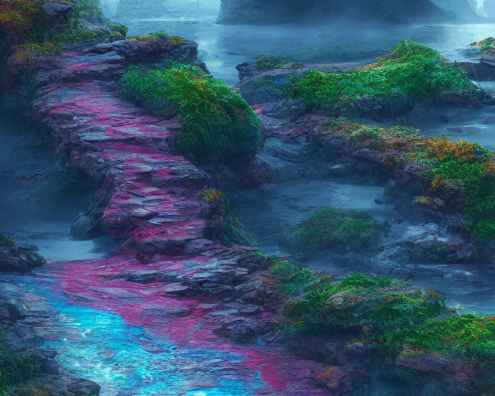 Misty landscape with glowing river and towering cliffs