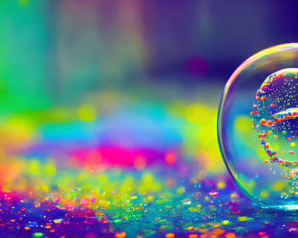 Colorful Soap Bubble on Glittery Surface with Bokeh Background