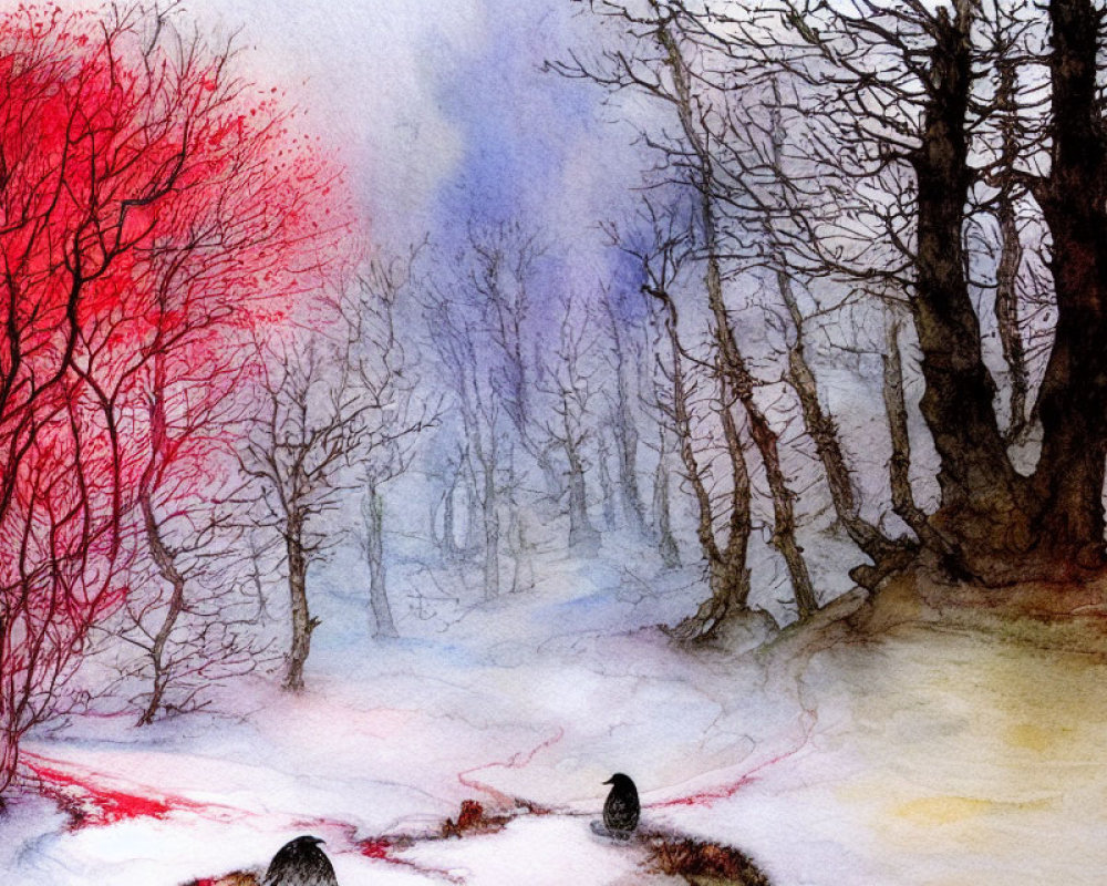 Winter Watercolor Painting: Red Tree in Snowy Scene