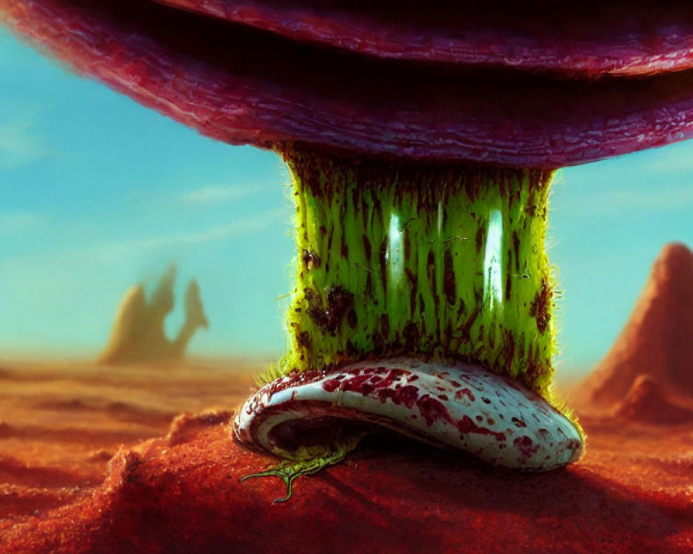 Colorful giant mushroom on desert landscape with sand dunes