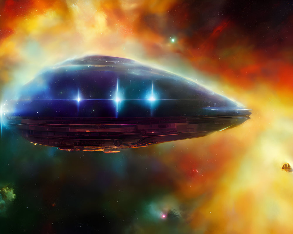 Futuristic spaceship in colorful nebula with twinkling stars