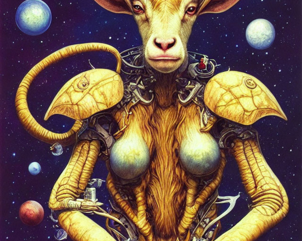 Detailed artwork of humanoid figure with goat head in mechanical armor against starry space.