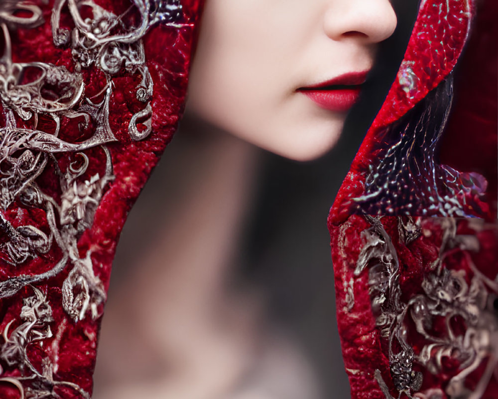 Detailed close-up of person in red embroidered hood with closed eyes