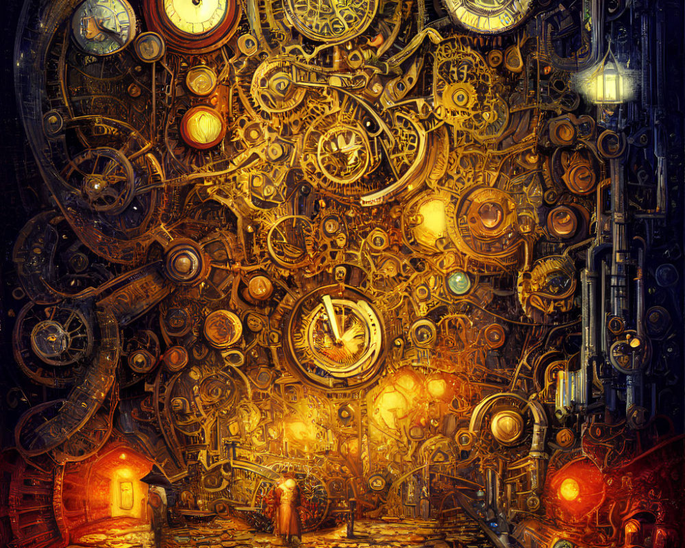 Detailed Steampunk Artwork with Clocks, Gears, Cogs, and Silhouet