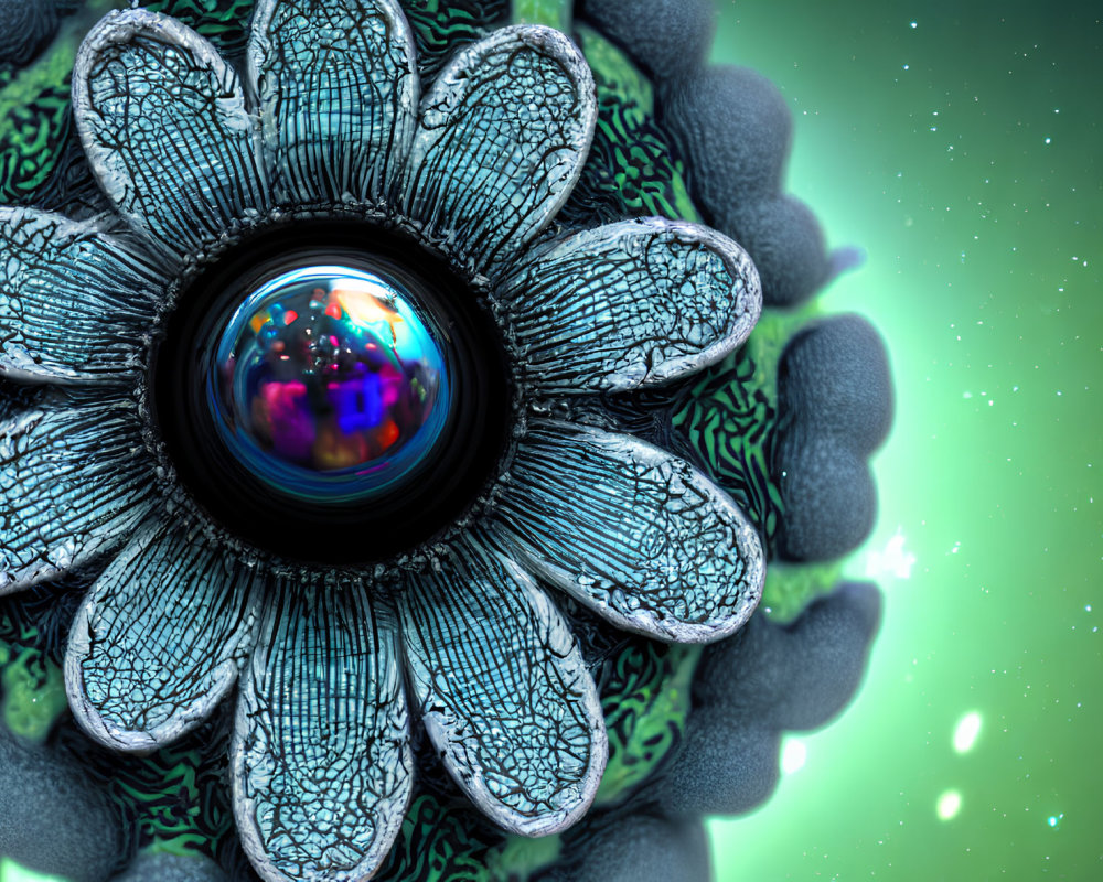 Detailed Macro Shot of Futuristic Flower with Reflective Sphere and Petal-like Structures Against Celestial Background