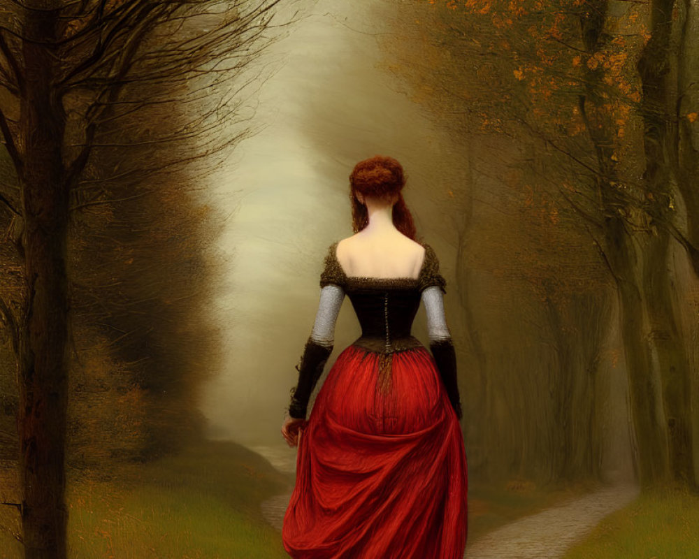 Woman in vintage red and black dress strolls misty autumn path