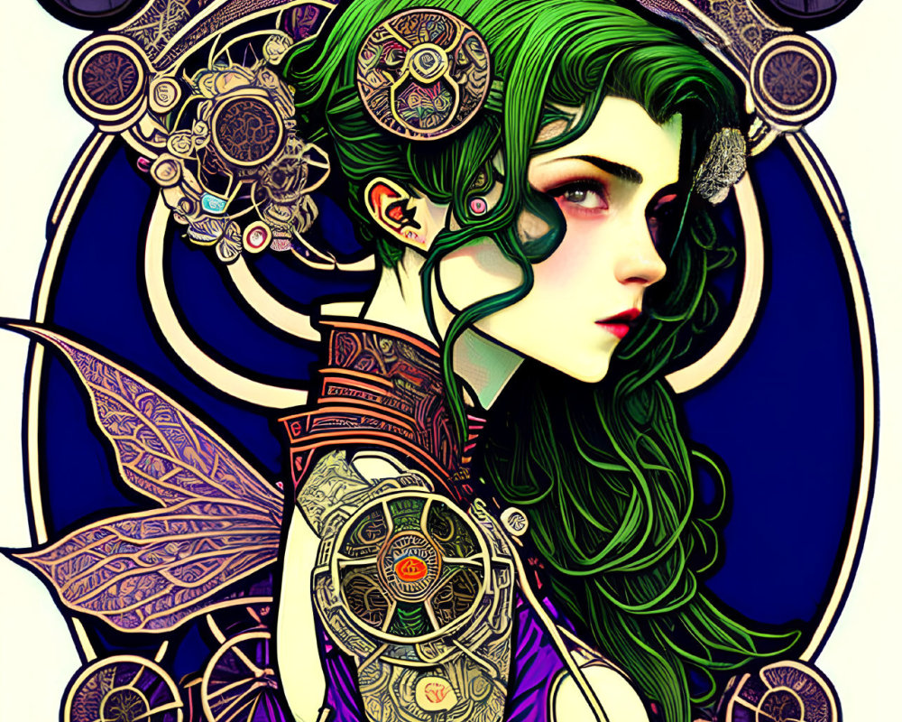 Steampunk-themed illustration of a green-haired female with mechanical wings in a decorative circular setting