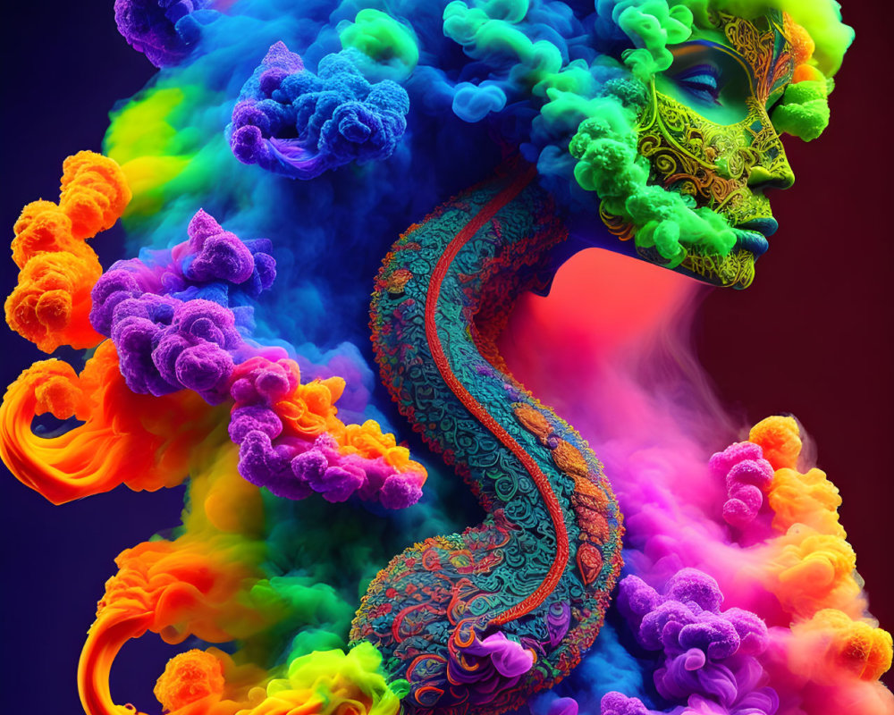 Colorful digital artwork of ornate mask in swirling smoke clouds