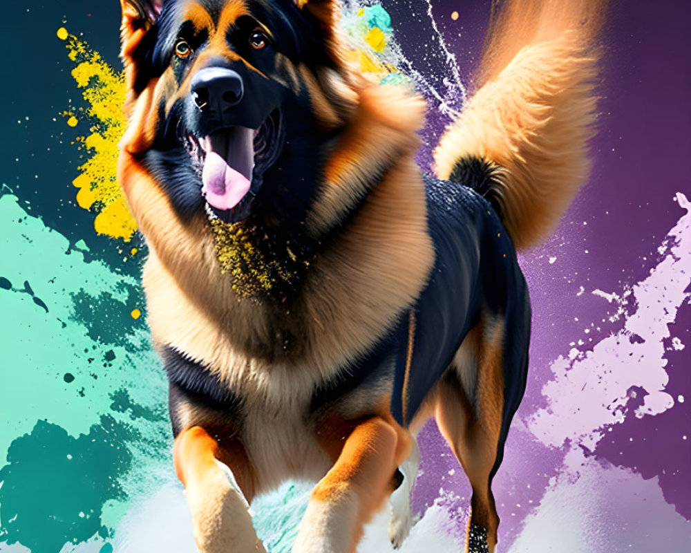 German Shepherd mid-leap with tongue out in vibrant paint-like background