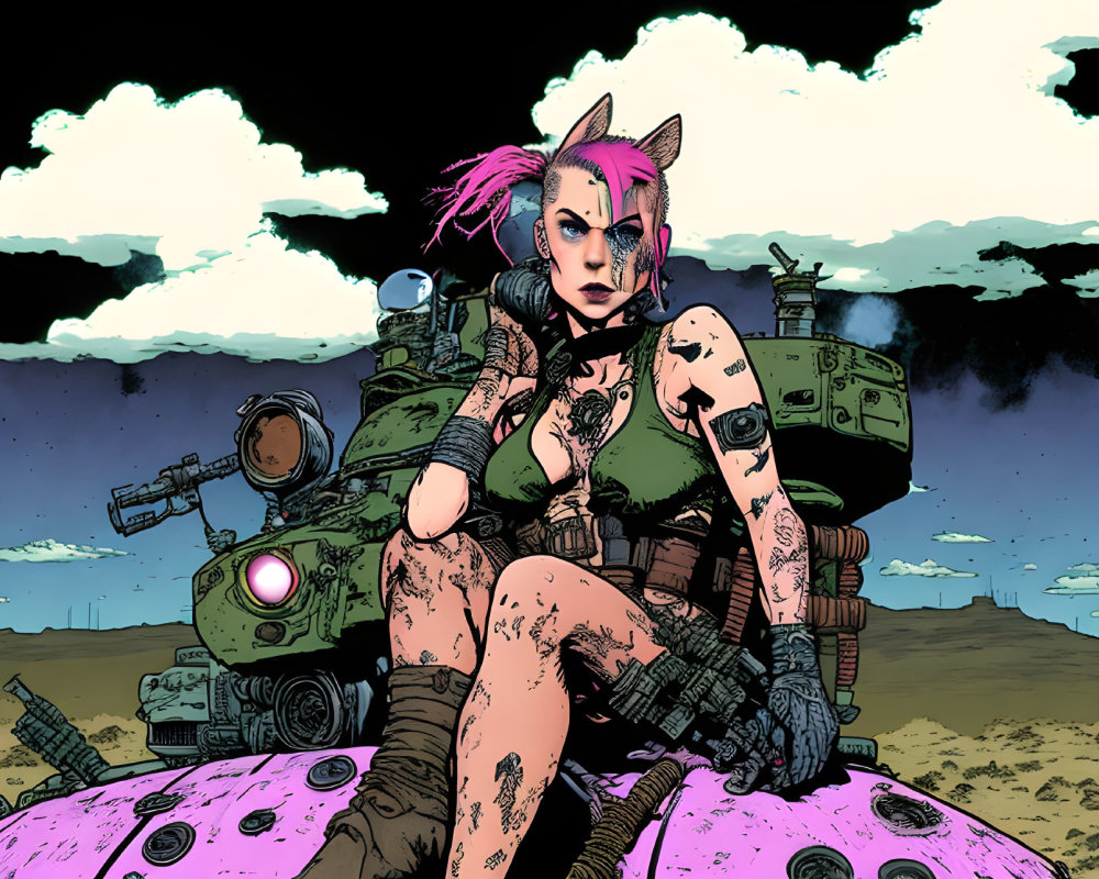 Illustration of punk-style woman with pink hair on futuristic tank in desolate landscape