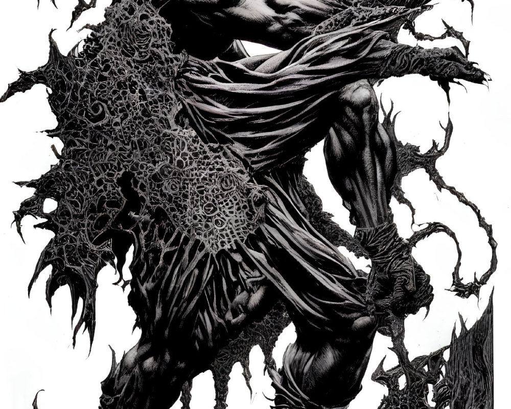 Detailed black and white illustration of muscular skeletal figure in torn fabrics amidst intricate darkness.