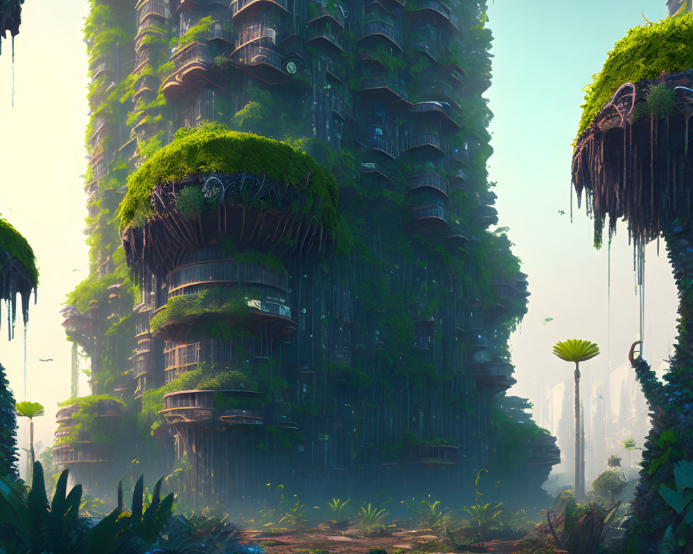 Overgrown ruins in lush forest with towering trees and hanging gardens