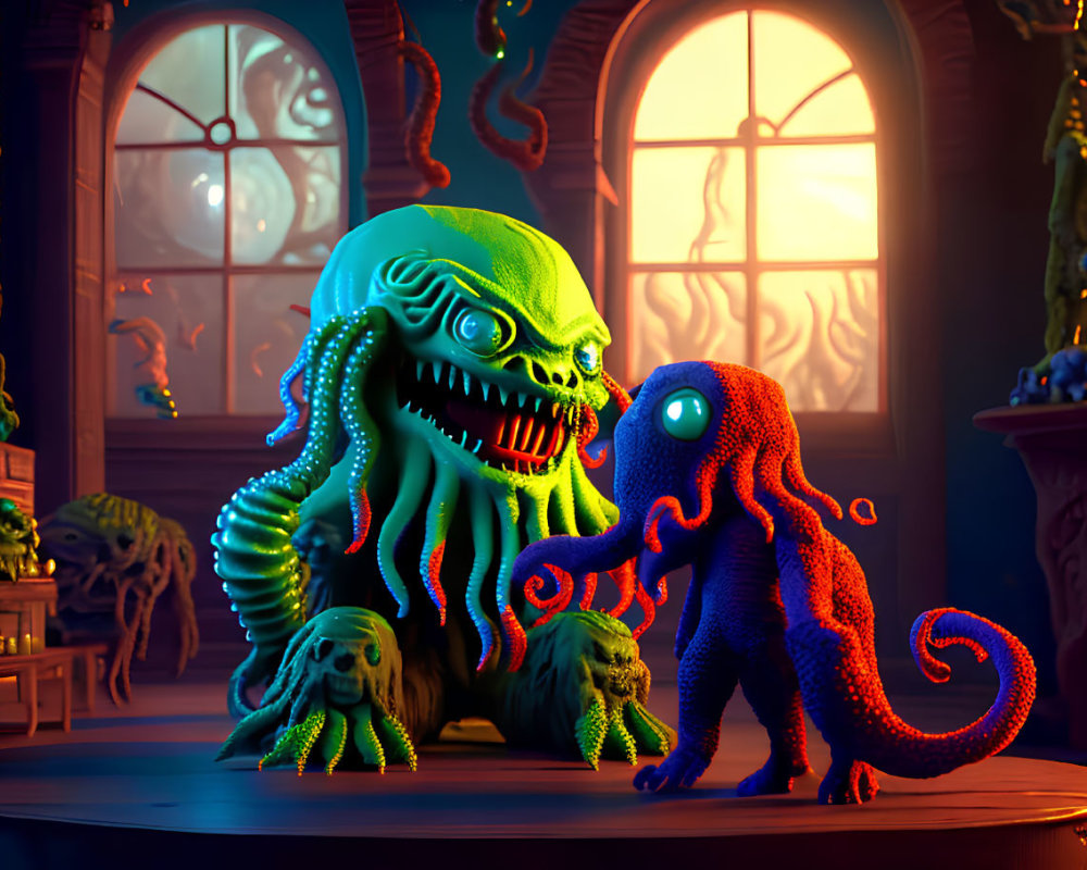 Two creatures in dark room with skull-like structures