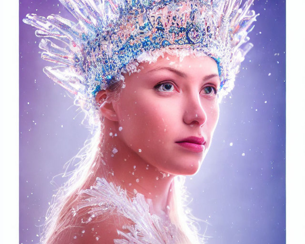 Woman with Icicle Crown in Frosty Theme on Purple Background