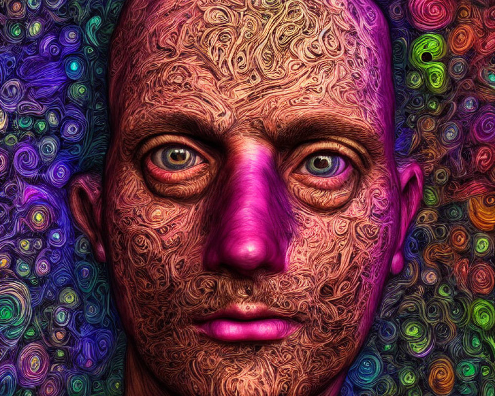 Colorful Psychedelic Portrait with Intricate Patterns and Swirling Background