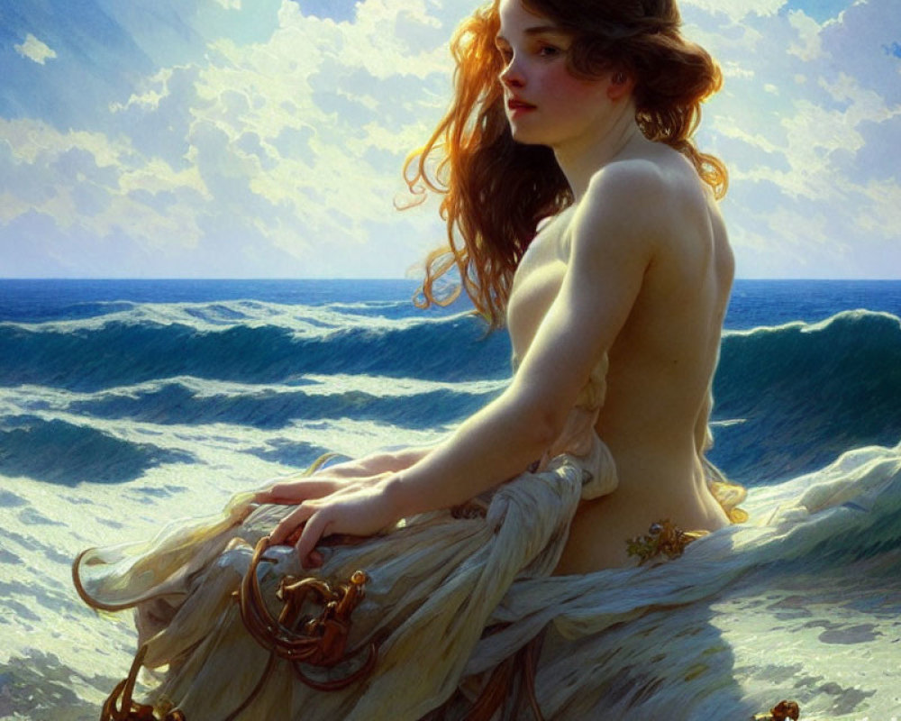 Woman with flowing red hair by turbulent sea under sunlight