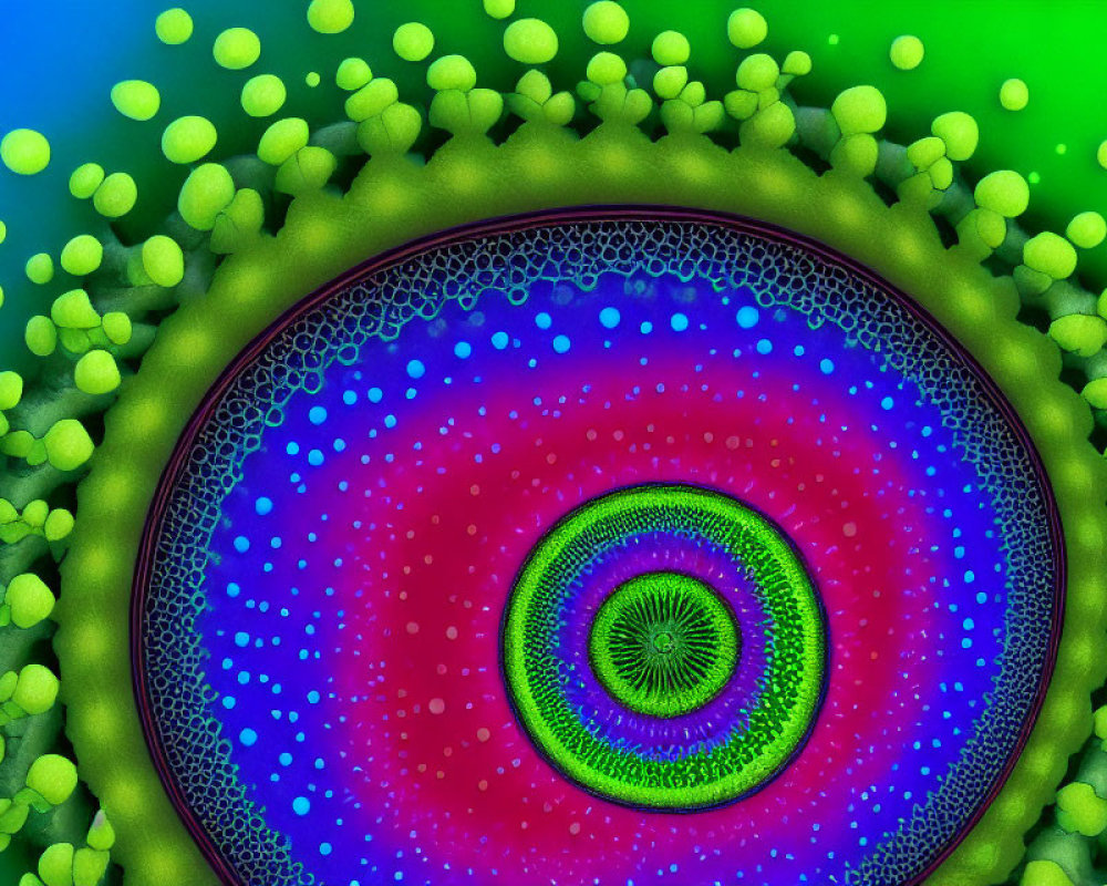 Colorful Abstract Art: Central Circular Rainbow Pattern with Green Background