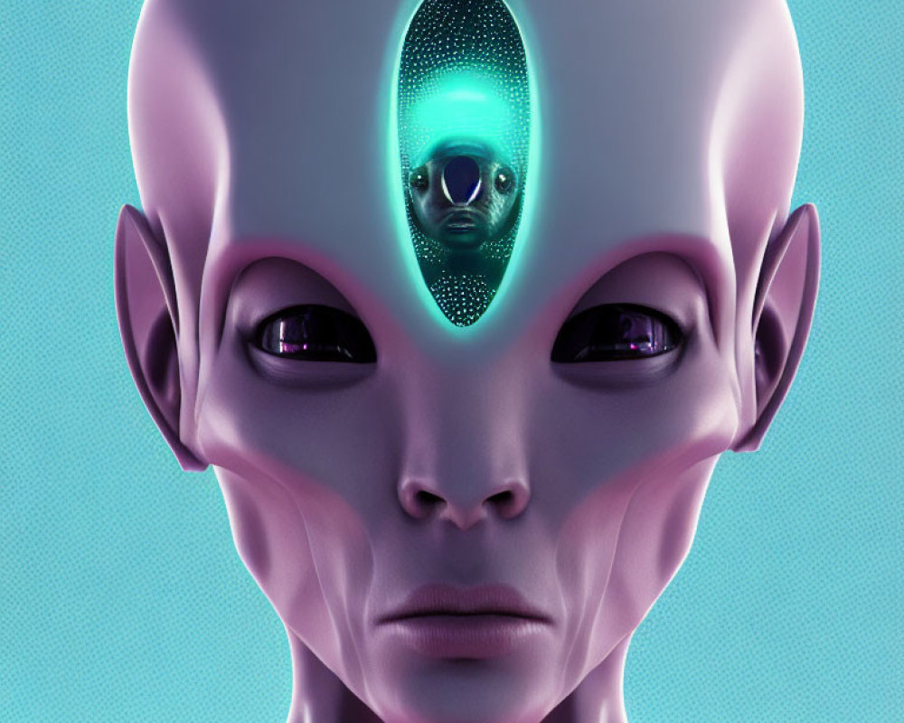 Extraterrestrial face with black eyes and small alien figure on glowing forehead