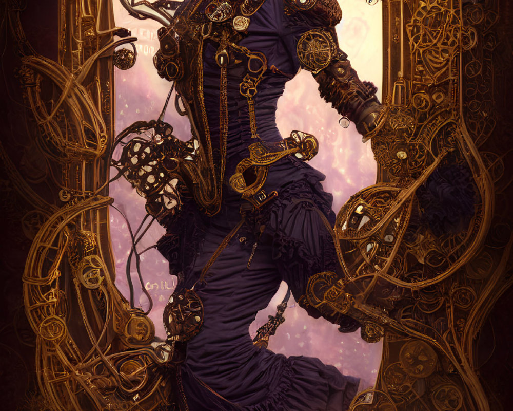 Steampunk-inspired outfit with golden gears and floral hat on elegant woman in mechanical portal