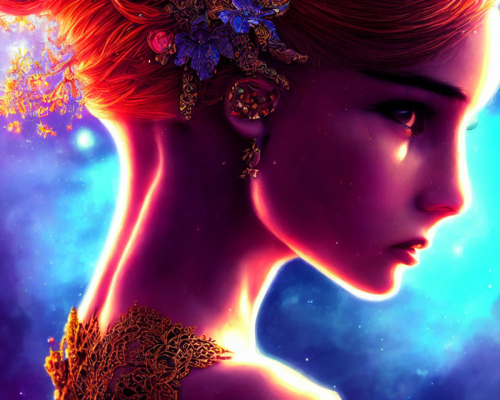 Vibrant digital portrait: Woman with red hair and gold adornments on cosmic purple backdrop