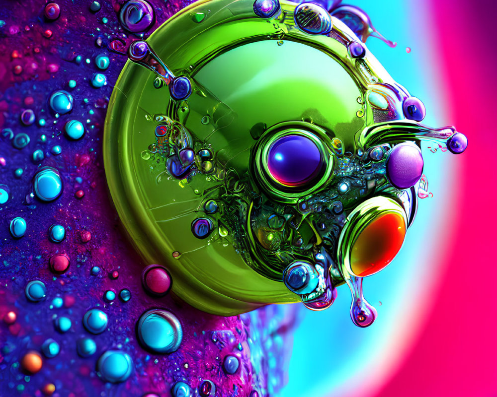 Vibrant abstract art with glossy green sphere and colorful bubbles on textured background