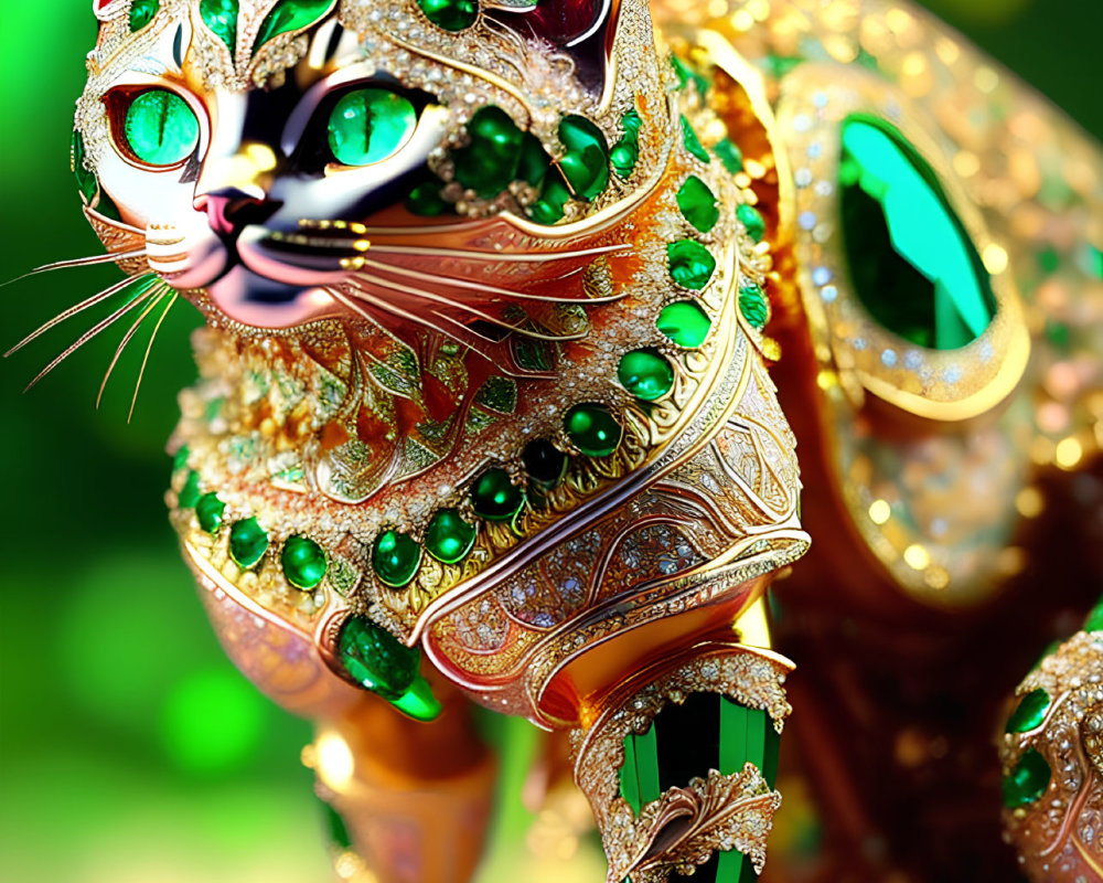 Ornate jewel-encrusted cat figurine with emerald eyes on green background