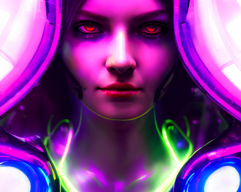 Futuristic female in glowing cyberpunk suit with headset amid neon lights