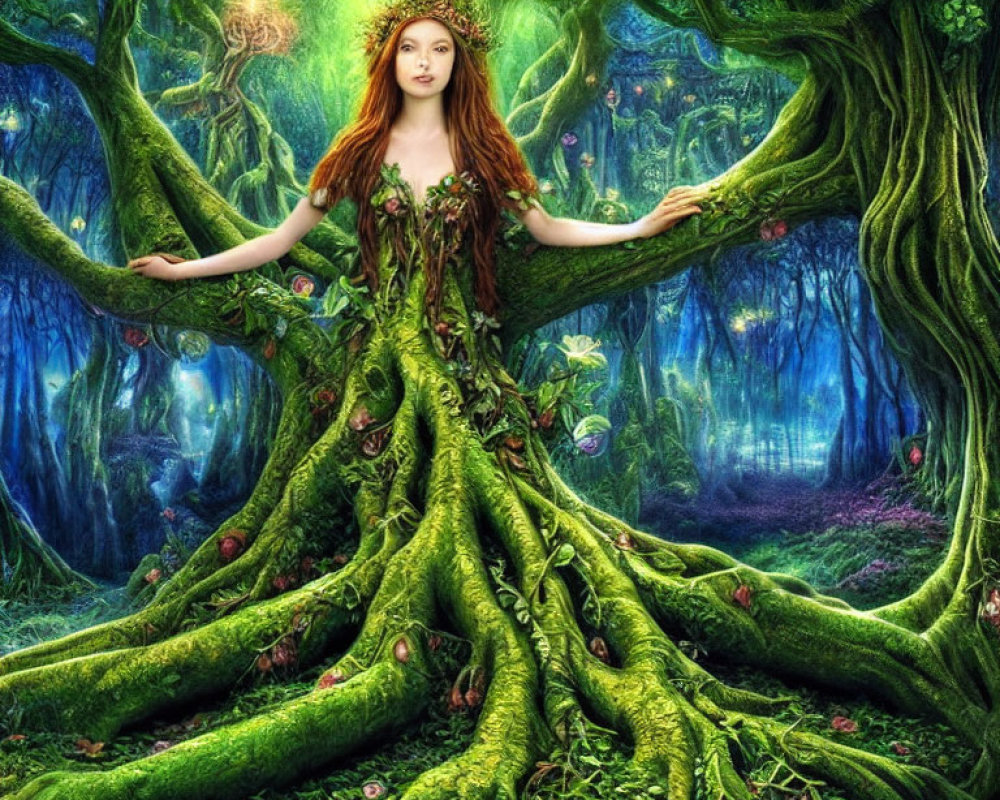 Red-haired woman with crown merges with tree roots in green woodland