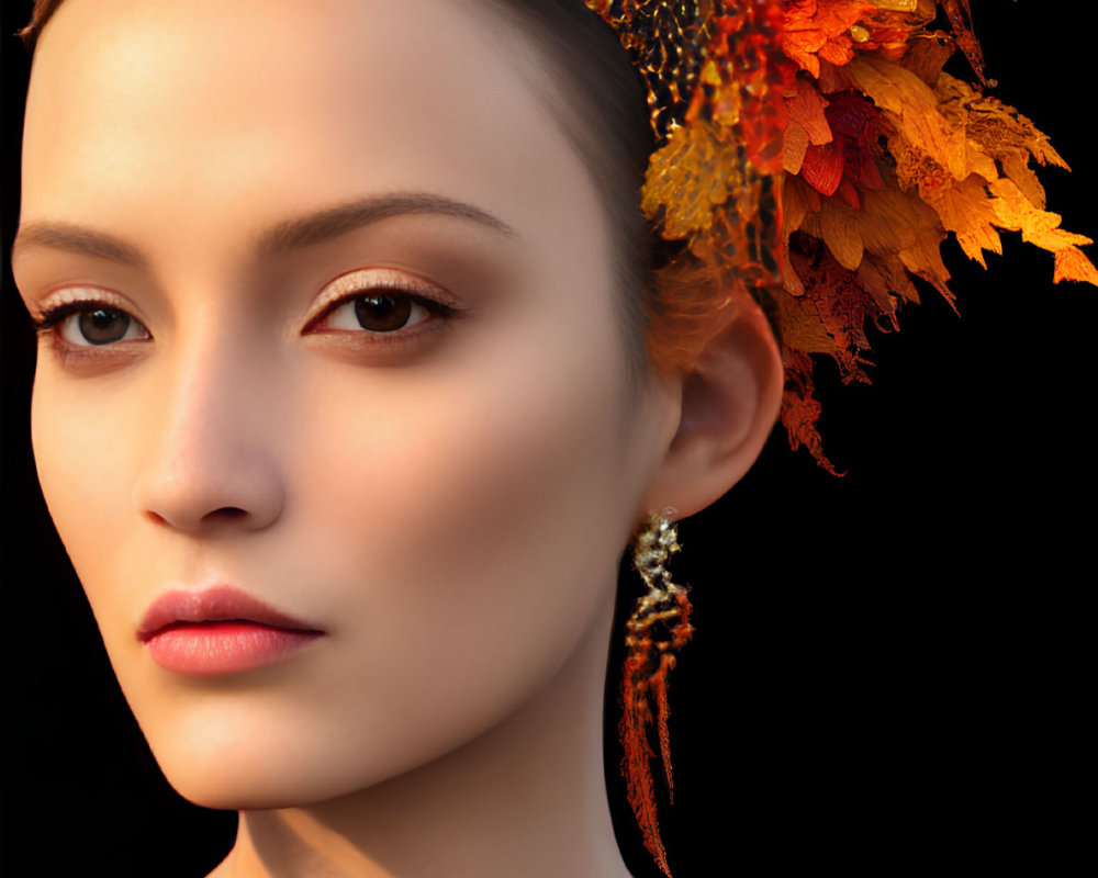 Serene woman with autumn leaf crown on black background