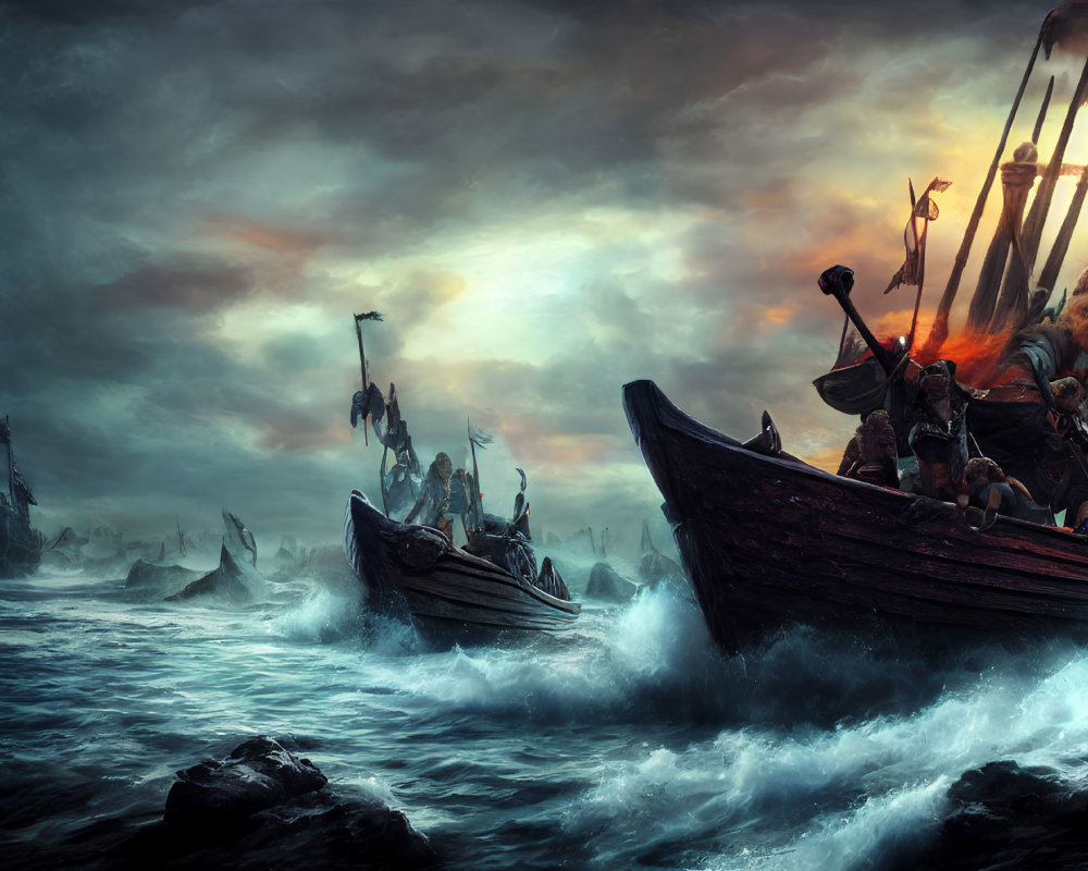 Dramatic Viking ship scene with warriors in turbulent seas