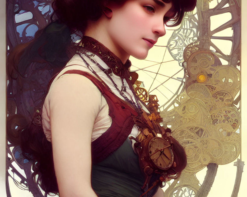 Steampunk-themed digital artwork of a woman with mechanical headdress and vintage attire.