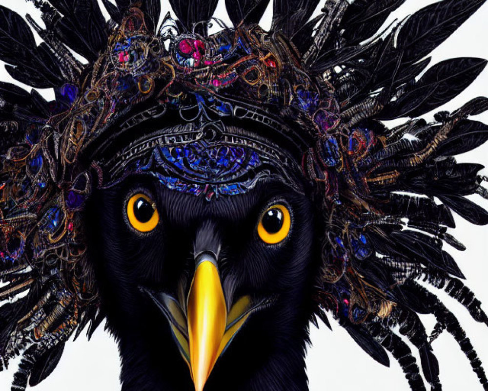 Detailed Illustration: Black Bird with Yellow Eyes & Elaborate Feather Headdress