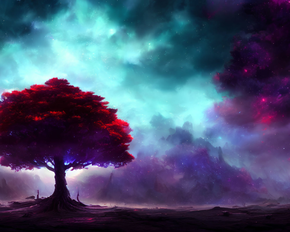 Vibrant red tree under aurora-lit sky in alien landscape