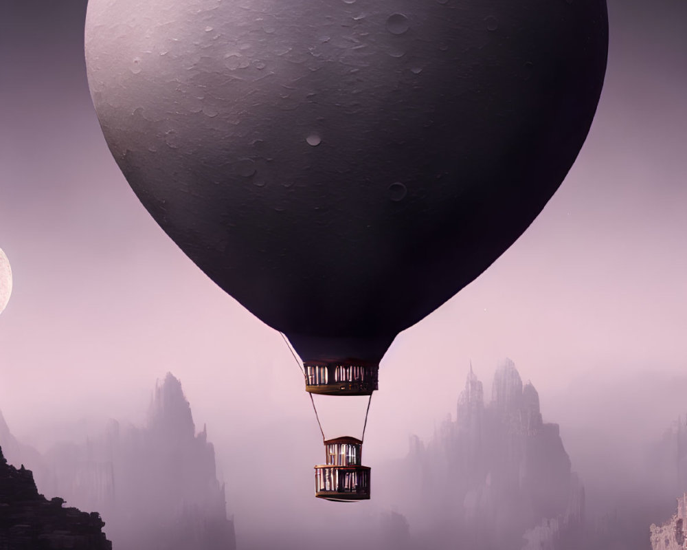 Surreal moon-shaped balloon floating over mystical rocky landscape