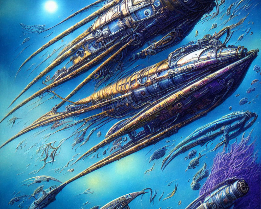 Futuristic submarines exploring underwater landscape with aquatic life and coral formations in sunlit water