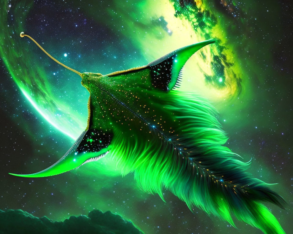 Fantastical green bird-like creature with luminous wings on cosmic nebula background