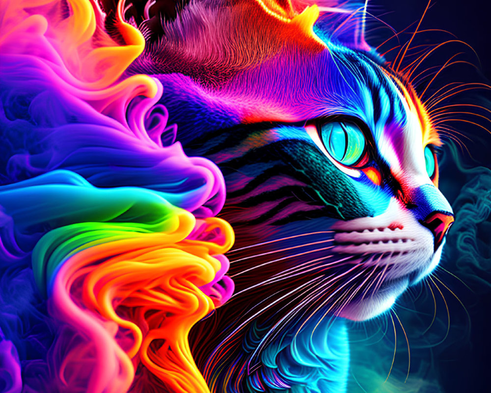 Colorful Digital Art: Rainbow Cat with Neon Mane