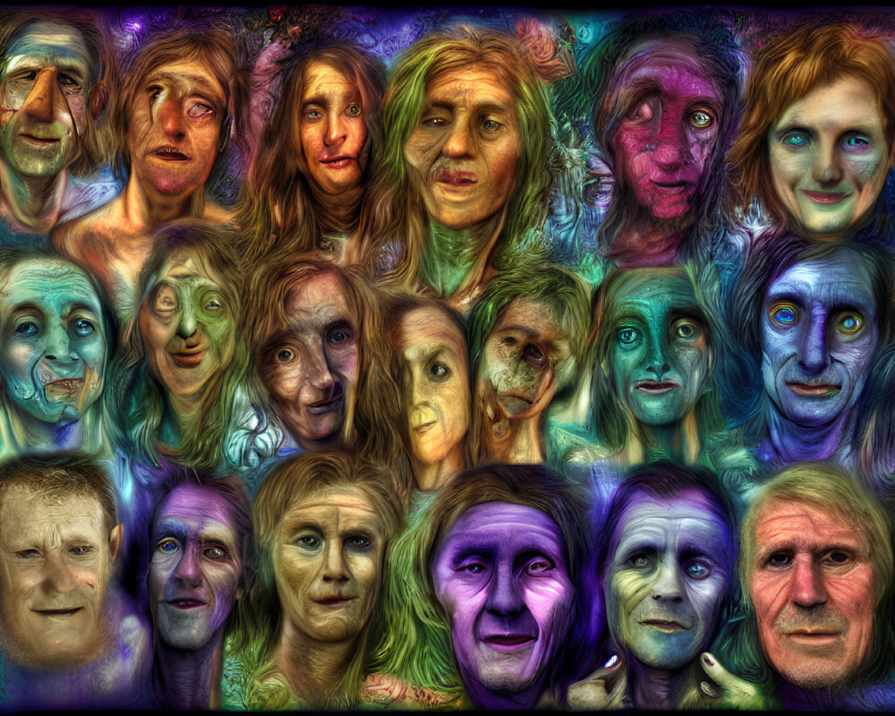 Colorful Collage of Distorted Human Faces Showing Emotions