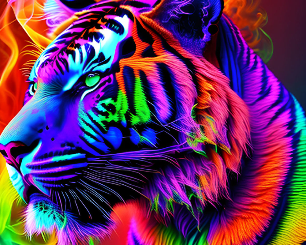 Colorful Neon Tiger with Smoky Face Effect