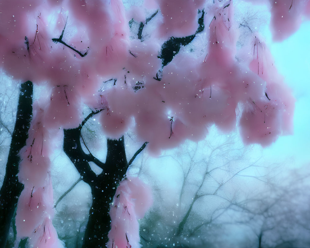 Pink cherry blossoms covered in snow against wintry backdrop