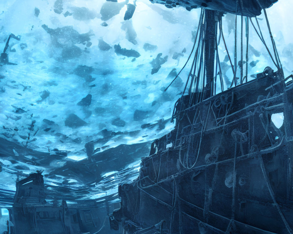 Sunken ship with scattered debris in serene underwater view