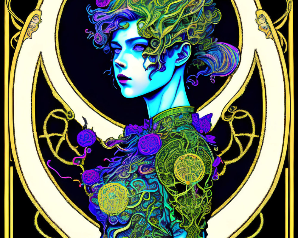 Colorful digital artwork of stylized woman with intricate hair and detailed garment against Art Nouveau background